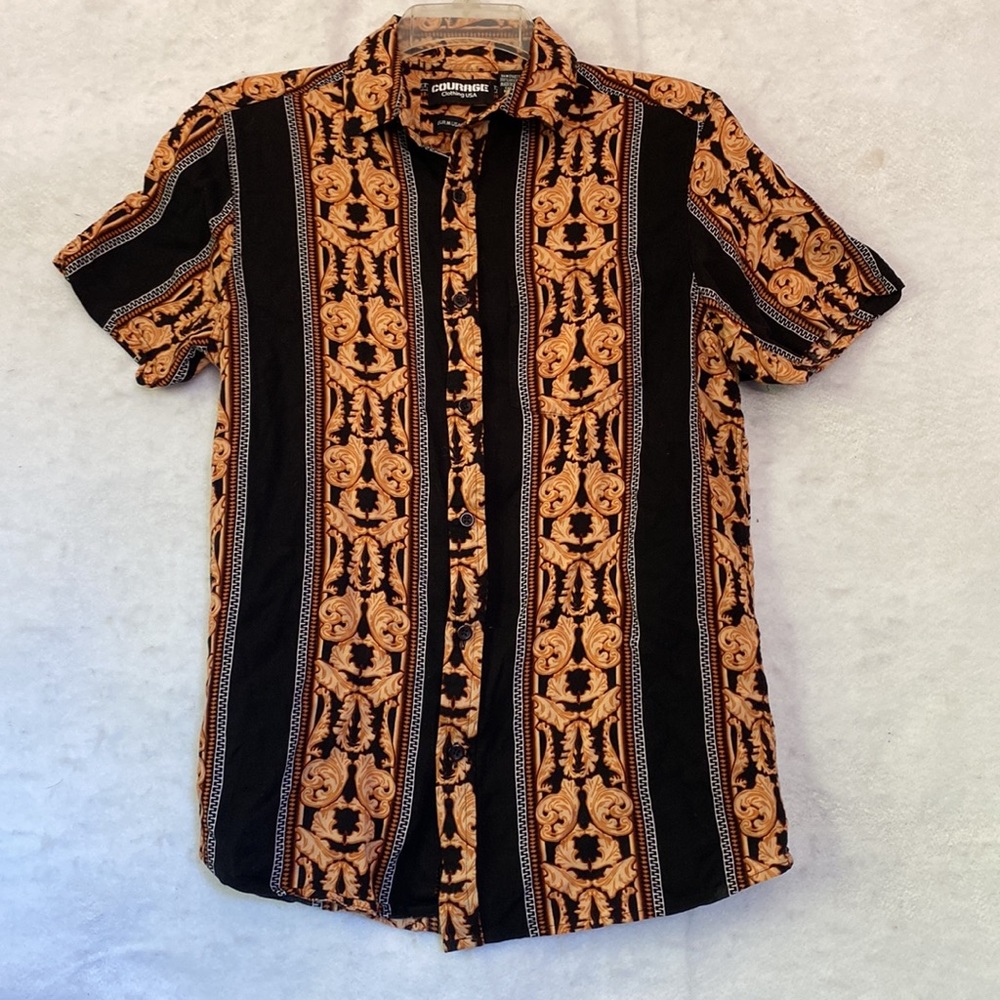 Courage Clothing USA Black, Peach And Rust Short Sleeve Button Up Shirt